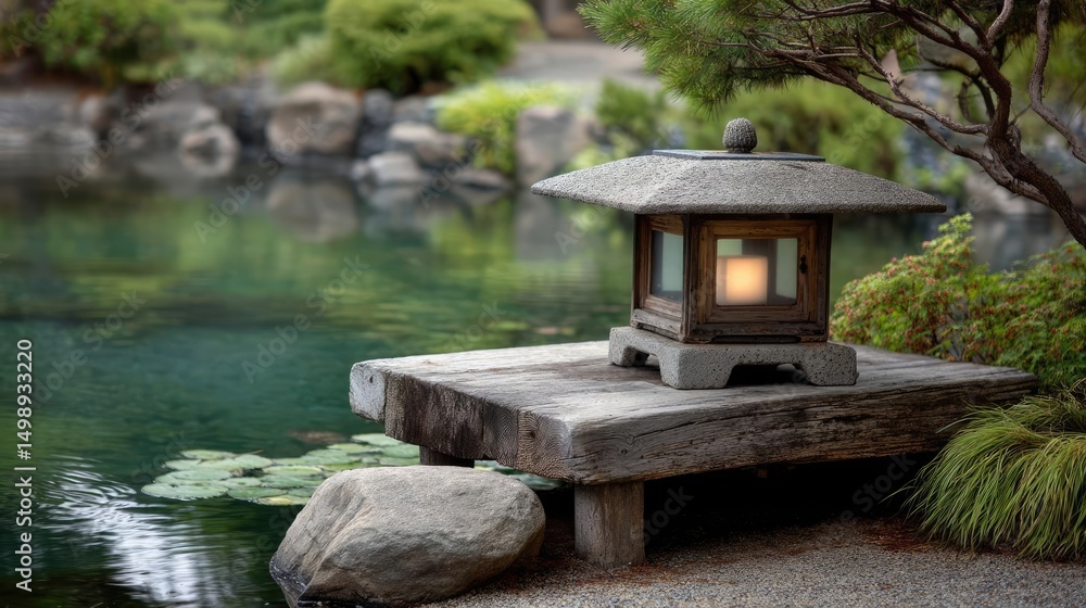 Poster tea pavilion with minimalism and rock by lantern concept. tranquil lantern by a serene pond surround