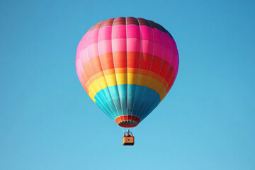 Fototapeta premium Colorful hot air balloons flying in a bright blue sky with baskets floating in adventure and travel