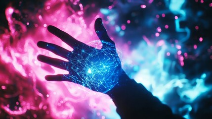 A hand interacts with a vibrant blue and pink holographic interface.