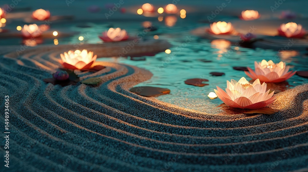 Poster Raked sand patterns in tranquility with lantern and lotus concept. Serene water lily scene with gentle ripples and glowing lights.