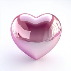 A glossy pink heart shape symbol with a reflection against a white background for design concept.