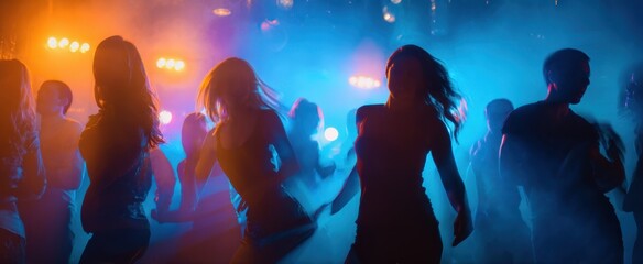 The vibrant nightlife scene with silhouettes dancing to energetic music.