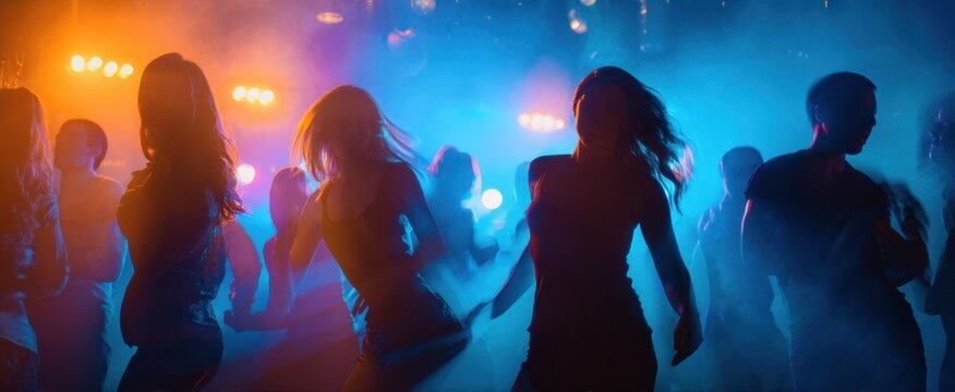 The vibrant nightlife scene with silhouettes dancing to energetic music.
