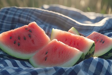 Fresh watermelon slices on a checkered picnic blanket.