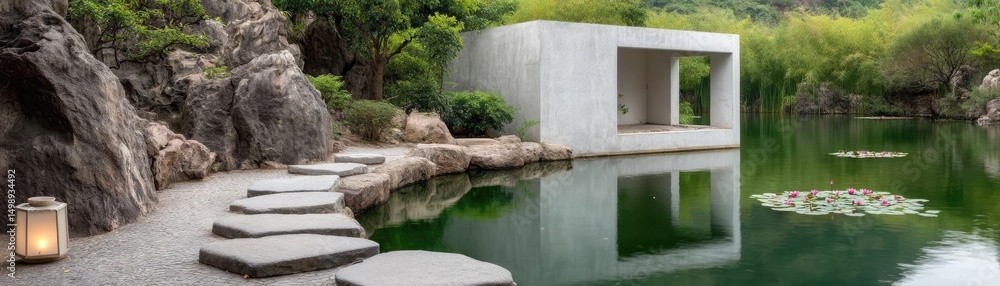Poster Tea pavilion with minimalism and rock by lantern concept. Modern architecture blending seamlessly with serene natural surroundings.