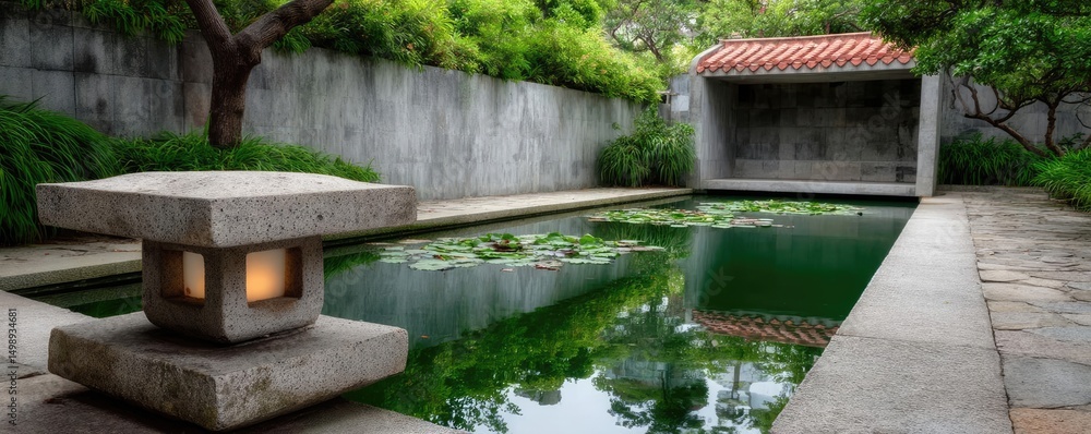 Aufkleber tea pavilion with minimalism and rock by lantern concept. tranquil garden scene featuring a serene p