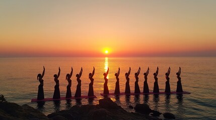 Silhouette figures practicing yoga on a large floating platform at sunrise.