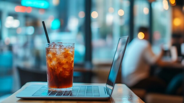 Refreshing iced tea on a laptop keyboard during a busy caf workday balancing digital tasks and enjoying a chilled drink