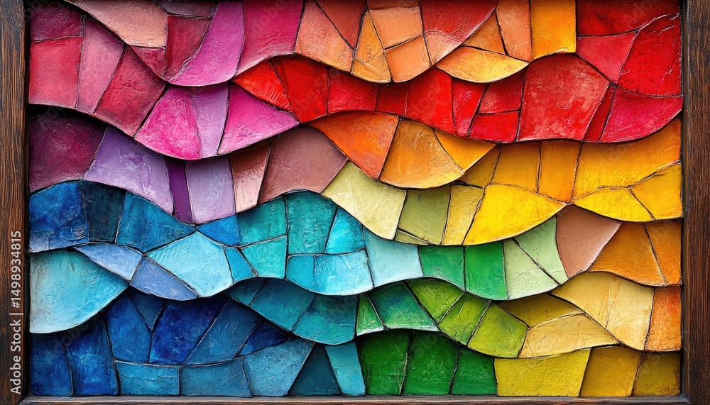 Poster colorful abstract mosaic art in a wood frame features textured, wavy shapes. use this vibrant image 
