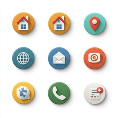 Nine neumorphic contact icons set isolated on white background