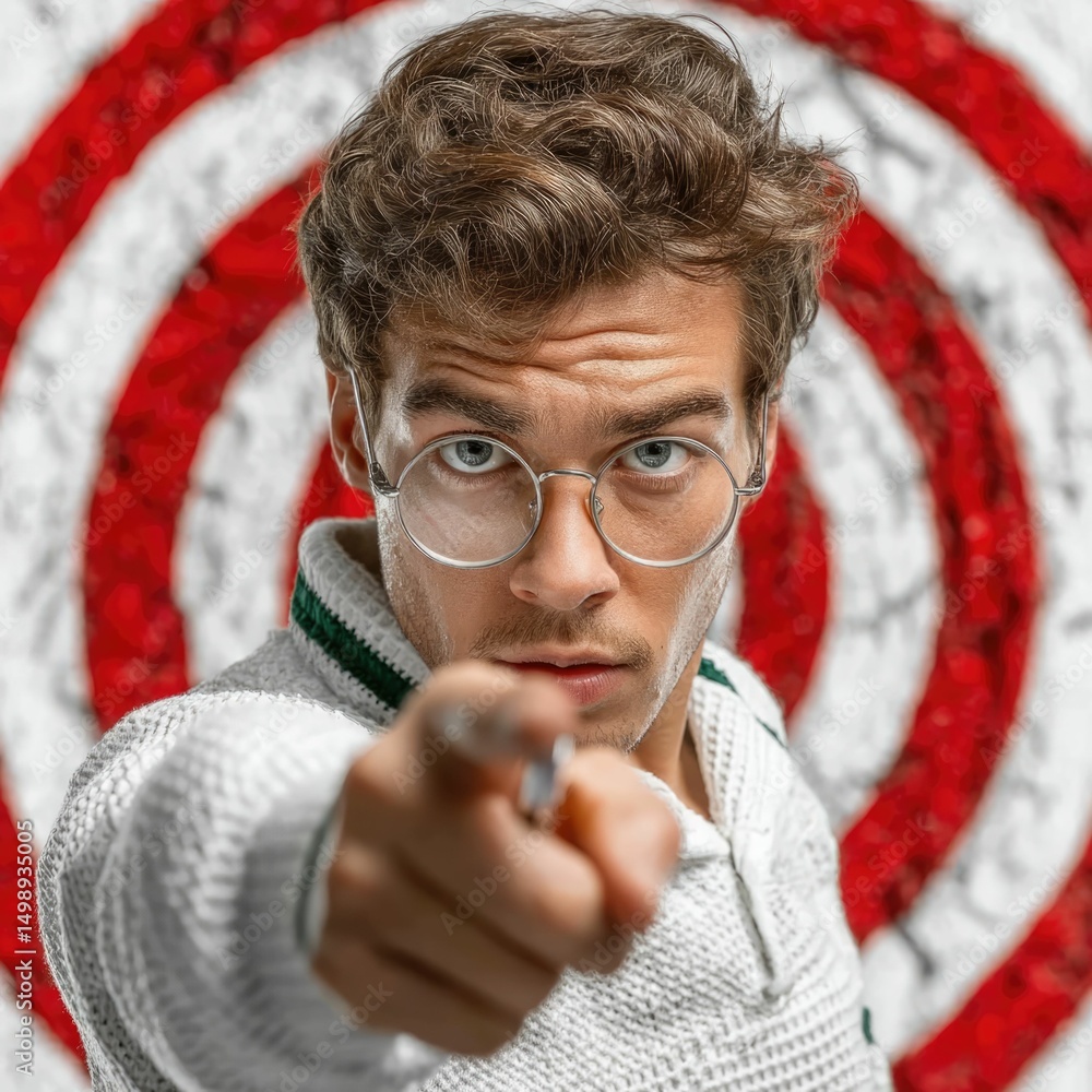 Poster dart player aiming at target in white background sports action isolated perspective focused skill