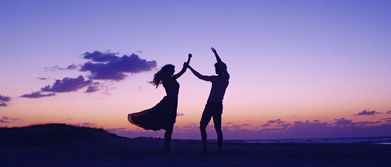 Silhouette of two people dancing at sunset.