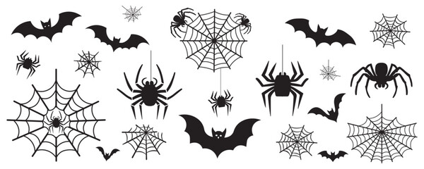Silhouettes of bats, spiders, and cobwebs set - Halloween decorative elements vector illustration with bat, spider and web, isolated on white background