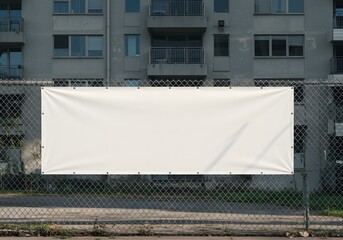 Obraz premium White Mockup Banner Attached to Fence with Office Background