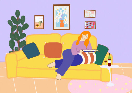 Illustration of a woman relaxing with a book and wine at home