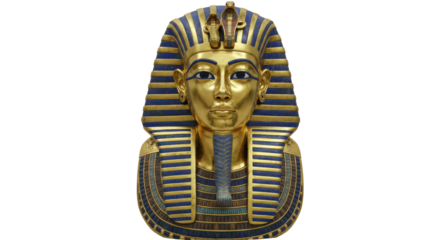 Golden pharaoh death mask with blue stripes isolated on white background