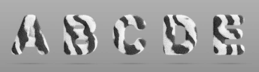 Zebra fluffy font letters A, B, C, D, E with african wild animal skin print. English alphabet for kids with fur striped pattern and white black hairy texture, isolated render icon set. 3D illustration