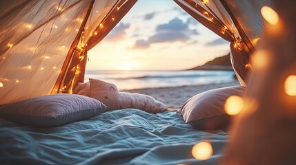 Beachfront tent's interior at sunset, lit by string lights.