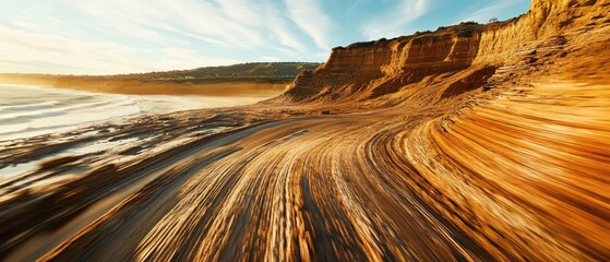 Strikingly patterned coastal rock formations at sunrise.