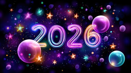 Obraz premium Colorful neon 2026 new year celebration with stars and bubbles