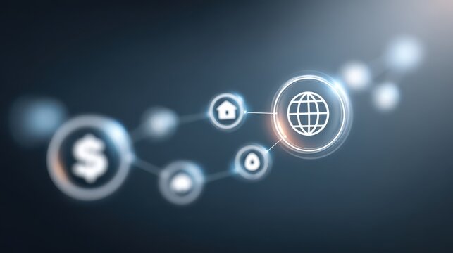 connection light stream linking digital banking icons across a dark world map