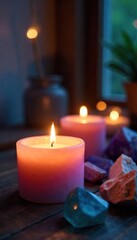 A serene candlelit space, perfect for a spiritual evening  Crystals, incense, and calming colors create a peaceful atmosphere for meditation and reflection ,  energy,  light,  shadows