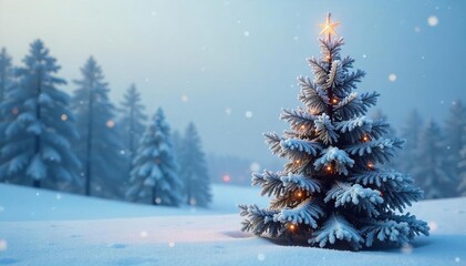 A frosted Christmas tree stands alone in a snowy landscape, its branches laden with sparkling ice crystals  The cold winter air adds to the serene, magical atmosphere ,  december,  frozen