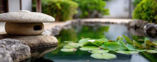 Naklejka premium Stone lantern in harmony with peaceful lotus pond concept. A tranquil garden pond with lily pads and a stone lantern.
