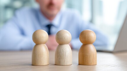Recruitment of skilled individuals to join a team or company. Wooden human figures on a table in front of a businessman, symbolizing talent acquisition and team building.