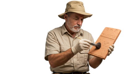 Archeologist carefully cleans off a tablet with an inscription isolated PNG with Transparent Background
