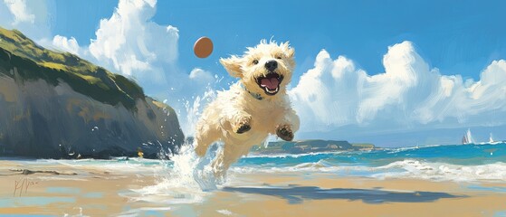 Happy dog playing on a sunny beach.