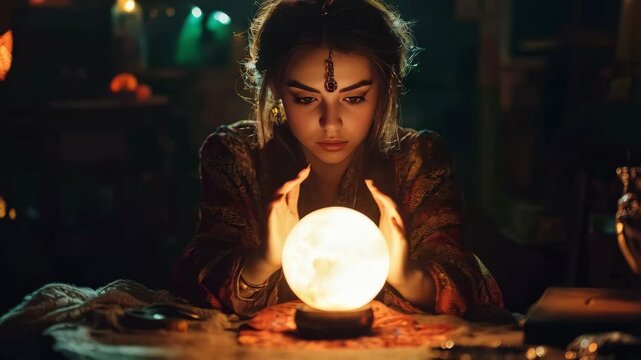 woman fortune teller sits in a dark room with a crystal ball on the table 