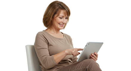 Middle-aged woman using a digital tablet isolated PNG with Transparent Background