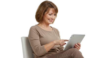 Middle-aged woman using a digital tablet isolated PNG with Transparent Background