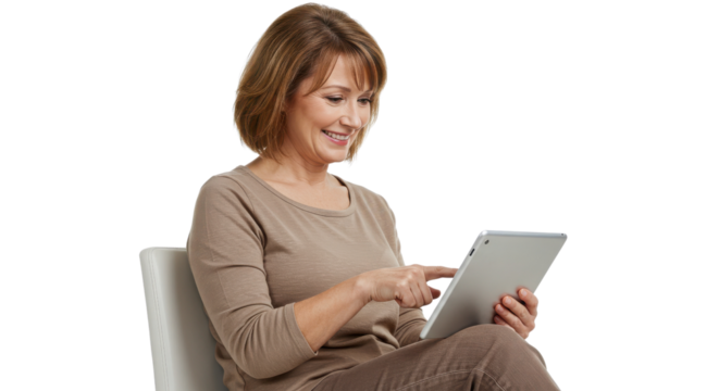 Middle-aged woman using a digital tablet isolated PNG with Transparent Background