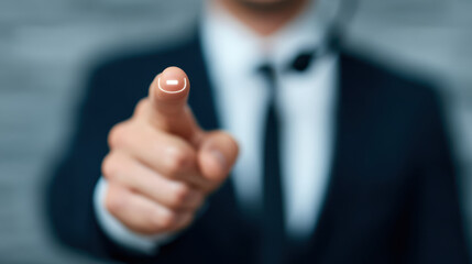 Person suit pointing camera with blurred background, emphasizing confidence and professionalism, creating dynamic and engaging