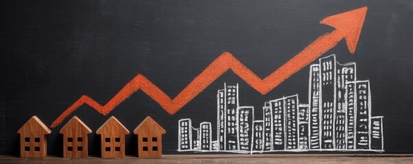 Chalkboard drawing of houses and buildings with an upward arrow symbolizing growth in real estate or property value.