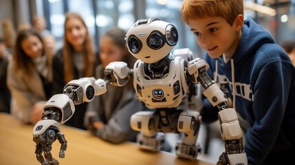 A bright eyed boy marveling at a cutting edge robot companion sparking curiosity and wonder about the future of