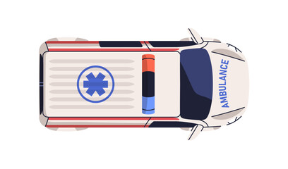 Ambulance, emergency vehicle, top down view. Medical van with star of life symbol on the roof, light siren. Paramedic transport from above. Flat vector illustration isolated on white background © Good Studio