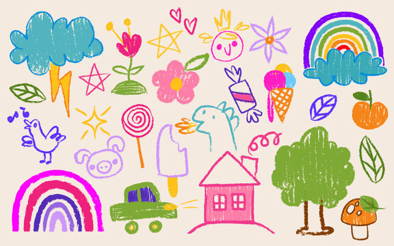 Crayon kid drawings set - colorful childlike doodles of cloud and rainbow, flower and animal, house and car, ice cream and candy, tree and mushroom. Cheerful hand drawn captures for children design.