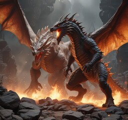 Fiery dragon attack, knight defends, dramatic rocky scene  ,  might,  power,  sword