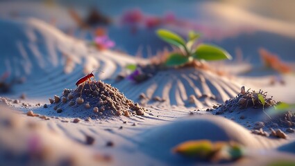 Photo of Red beetle resting on a small mound of dirt surrounded by sand with blurred plants and flowers in the background under the warm sunlight