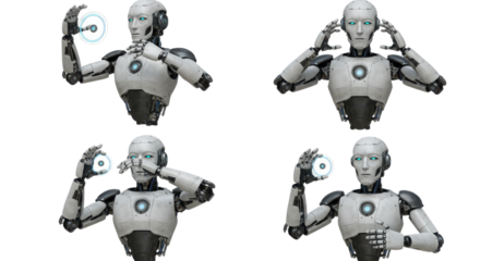 Set of futuristic humanoid robots making various gestures on white background