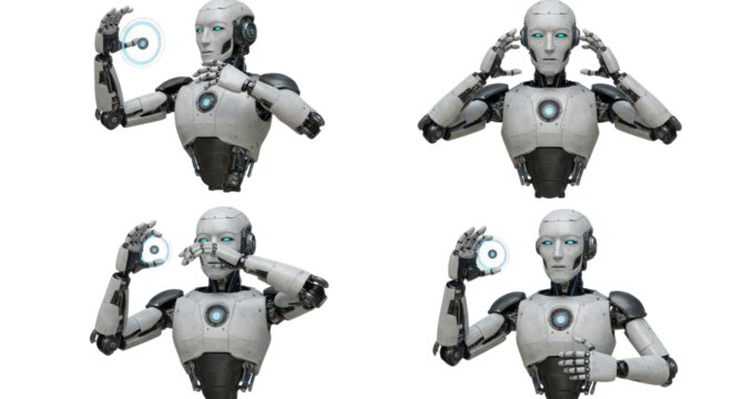 Four isolated 3D humanoid robot figures illustrating technology, senses, and interaction on white background