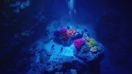Submerged coral reef scene with vibrant fish and divers.