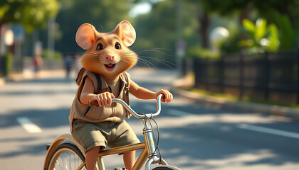 Funny cartoon rat on a bicycle with a red Santa hat, isolated for a child's love