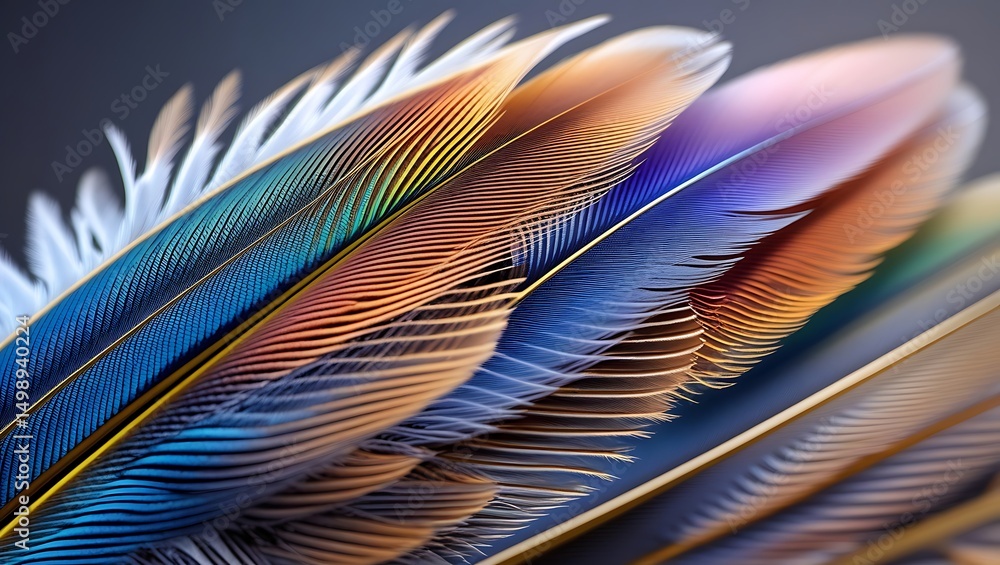 Poster photo of detailed photograph of vibrant feathers displaying a spectrum of colors and intricate patte