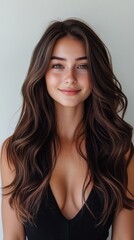 Fototapeta premium Portrait of smiling woman with long wavy hair in casual attire