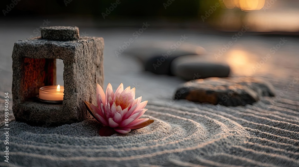 Poster Raked sand patterns in tranquility with lantern and lotus concept. Serene stone lantern and water lily in tranquil sand setting.