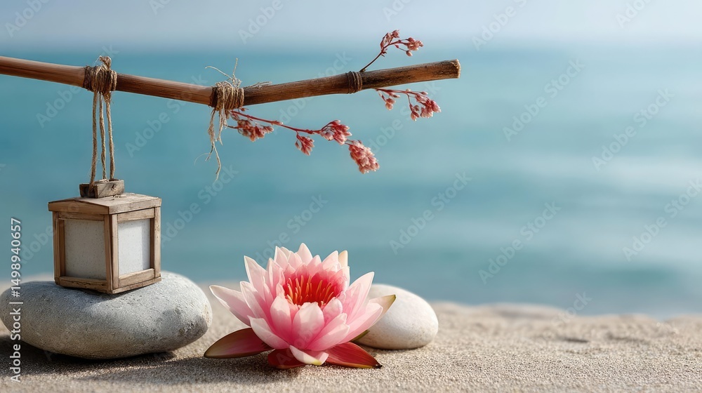 Aufkleber raked sand patterns in tranquility with lantern and lotus concept. a serene scene with a pink lotus 